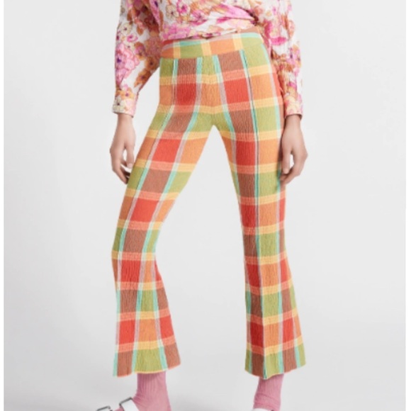 Smythe Cropped Pintuck Pant in Tangerine Plaid Size 6 - Picture 1 of 11